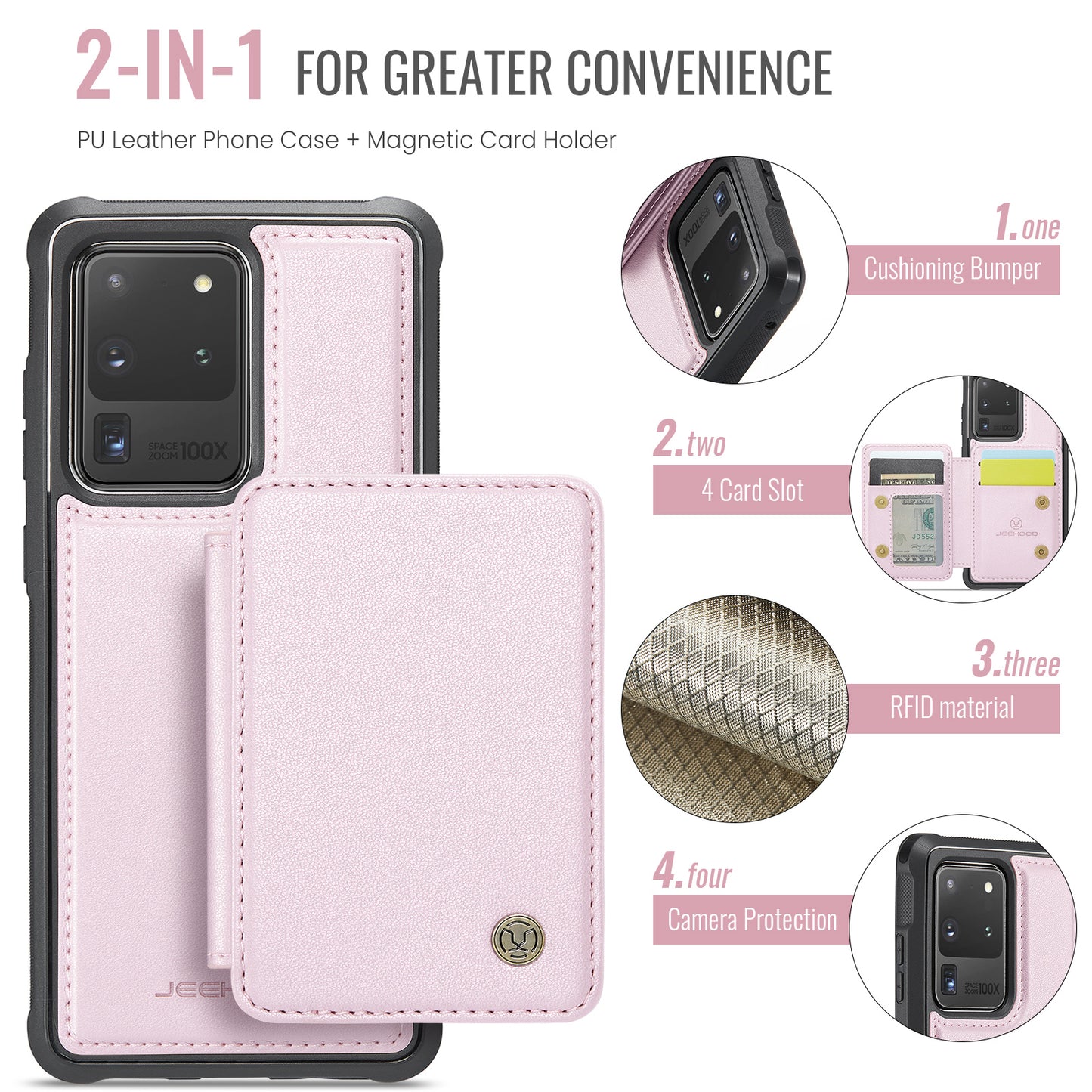 JEEHOOD J05 For Samsung Galaxy S20 Ultra Magnetic Case with Card Bag PU+TPU Kickstand Phone Cover - Pink