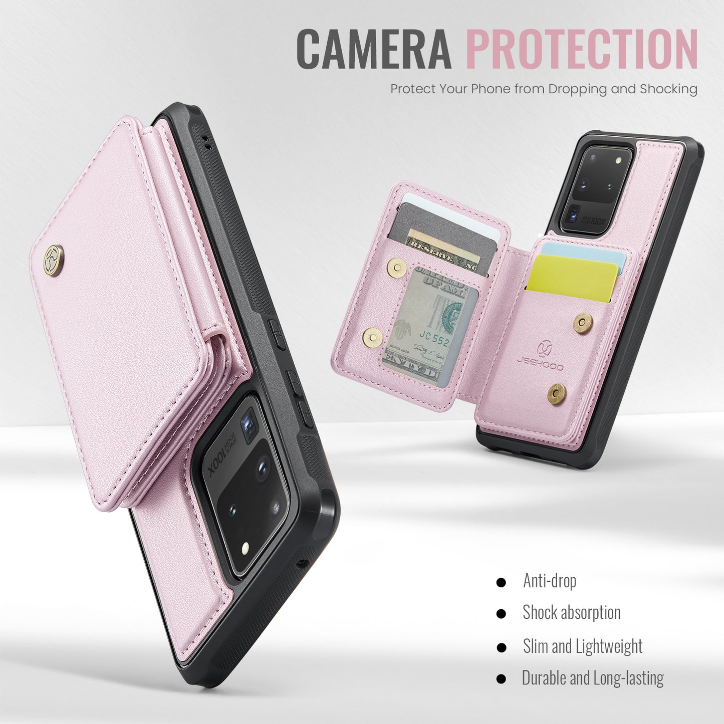 JEEHOOD J05 For Samsung Galaxy S20 Ultra Magnetic Case with Card Bag PU+TPU Kickstand Phone Cover - Pink
