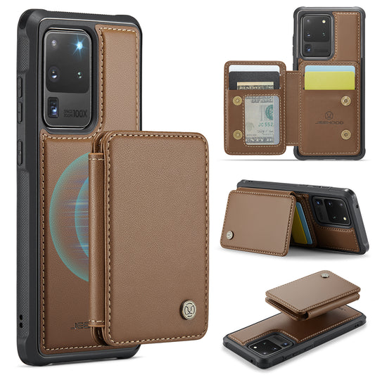 JEEHOOD J05 For Samsung Galaxy S20 Ultra Magnetic Case with Card Bag PU+TPU Kickstand Phone Cover - Brown
