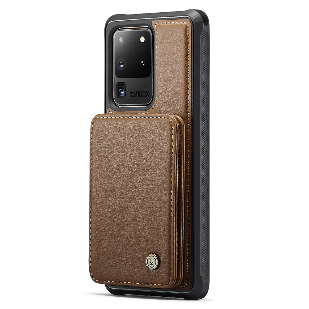 JEEHOOD J05 For Samsung Galaxy S20 Ultra Magnetic Case with Card Bag PU+TPU Kickstand Phone Cover - Brown