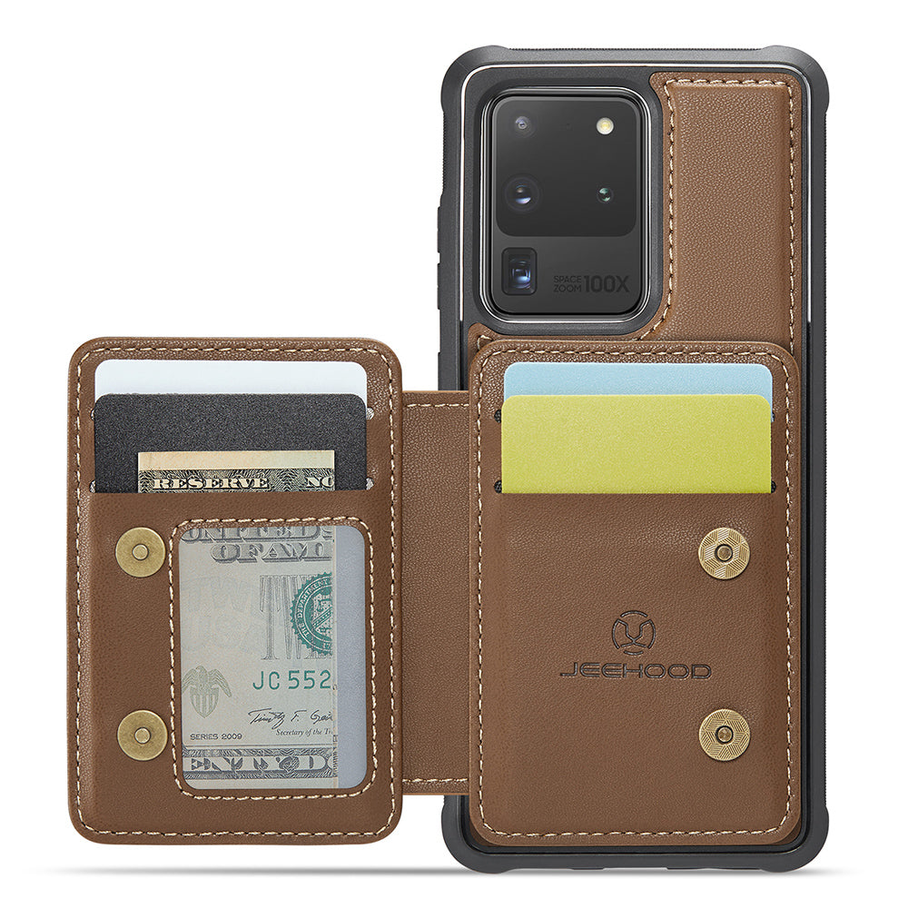 JEEHOOD J05 For Samsung Galaxy S20 Ultra Magnetic Case with Card Bag PU+TPU Kickstand Phone Cover - Brown
