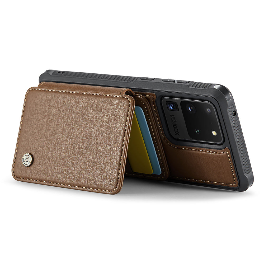 JEEHOOD J05 For Samsung Galaxy S20 Ultra Magnetic Case with Card Bag PU+TPU Kickstand Phone Cover - Brown