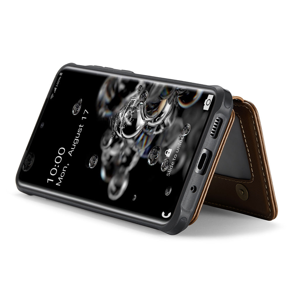 JEEHOOD J05 For Samsung Galaxy S20 Ultra Magnetic Case with Card Bag PU+TPU Kickstand Phone Cover - Brown