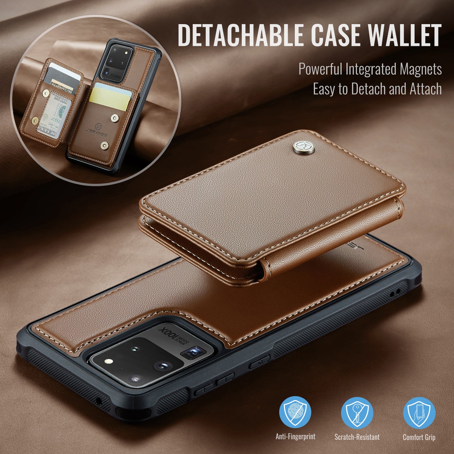JEEHOOD J05 For Samsung Galaxy S20 Ultra Magnetic Case with Card Bag PU+TPU Kickstand Phone Cover - Brown
