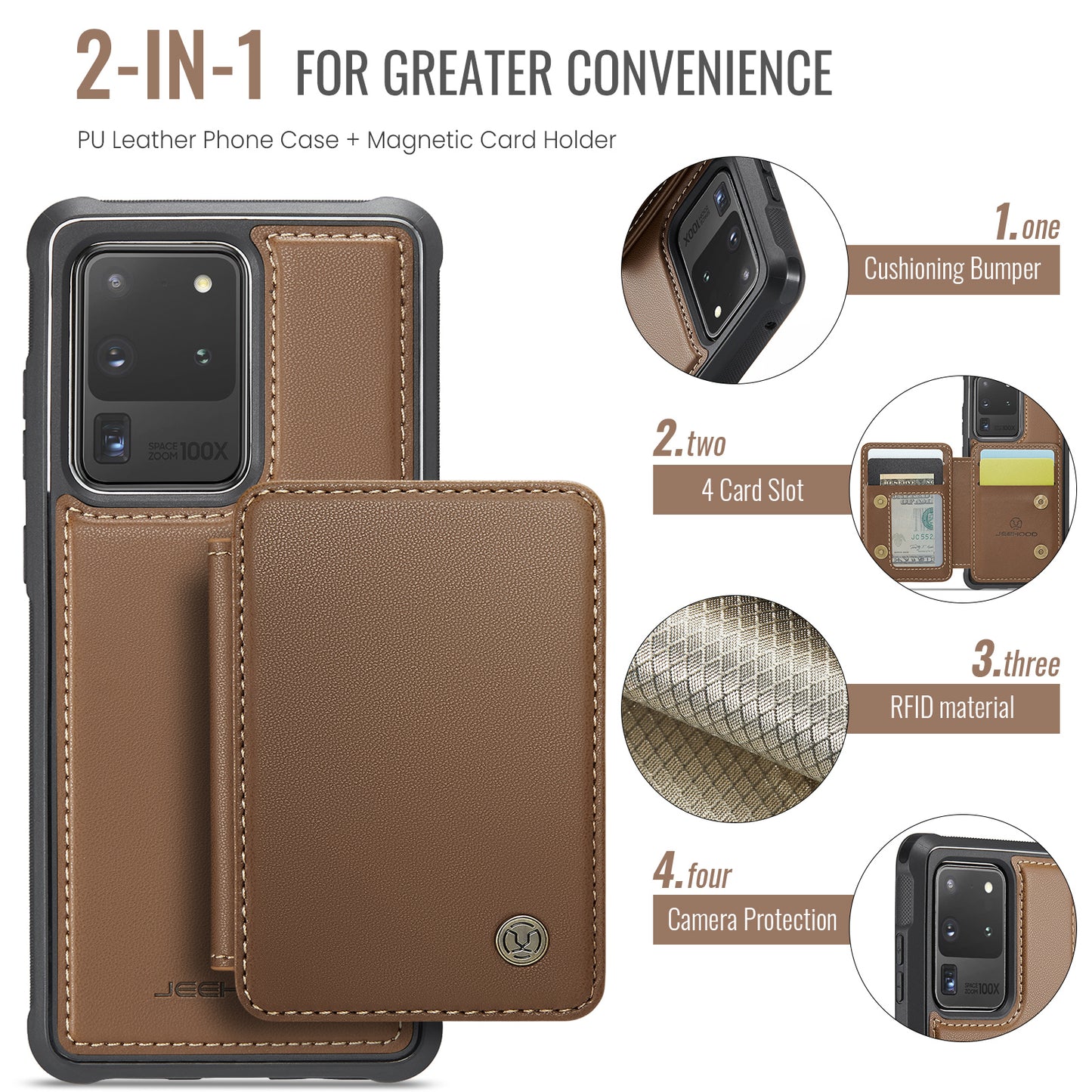 JEEHOOD J05 For Samsung Galaxy S20 Ultra Magnetic Case with Card Bag PU+TPU Kickstand Phone Cover - Brown