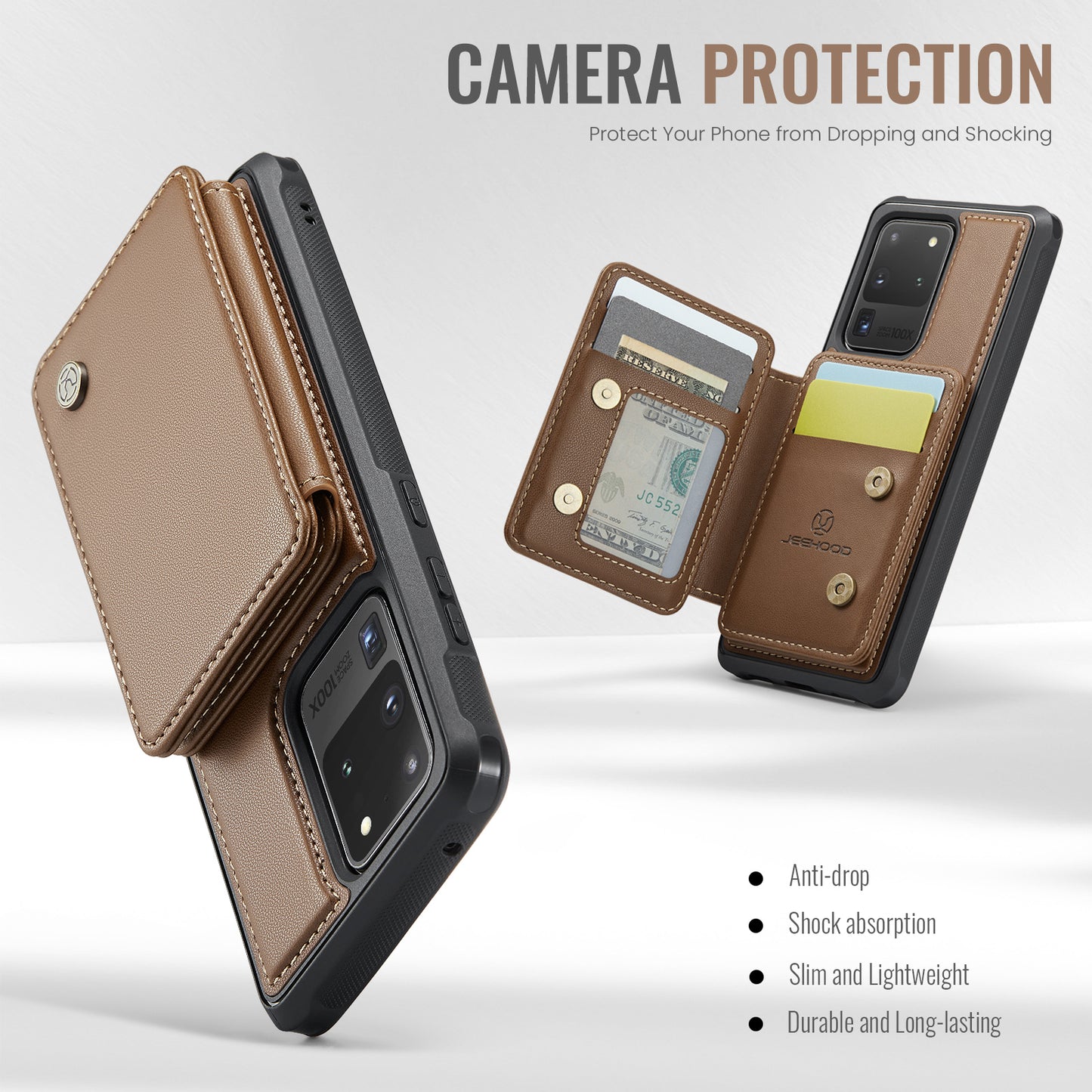 JEEHOOD J05 For Samsung Galaxy S20 Ultra Magnetic Case with Card Bag PU+TPU Kickstand Phone Cover - Brown