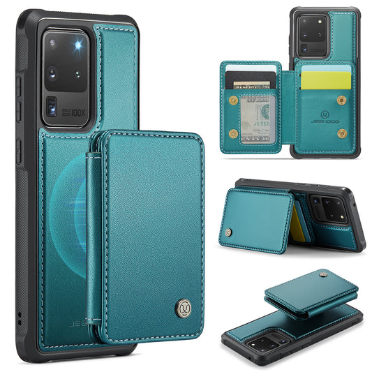 JEEHOOD J05 For Samsung Galaxy S20 Ultra Magnetic Case with Card Bag PU+TPU Kickstand Phone Cover - Cyan