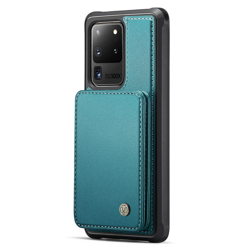 JEEHOOD J05 For Samsung Galaxy S20 Ultra Magnetic Case with Card Bag PU+TPU Kickstand Phone Cover - Cyan