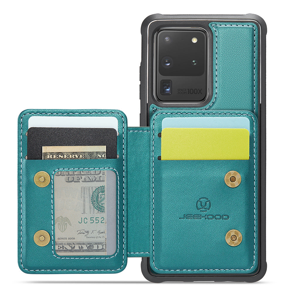 JEEHOOD J05 For Samsung Galaxy S20 Ultra Magnetic Case with Card Bag PU+TPU Kickstand Phone Cover - Cyan