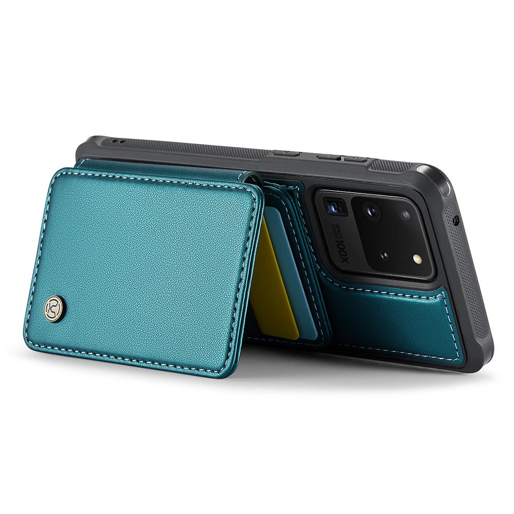 JEEHOOD J05 For Samsung Galaxy S20 Ultra Magnetic Case with Card Bag PU+TPU Kickstand Phone Cover - Cyan