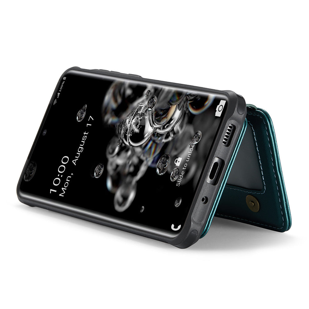 JEEHOOD J05 For Samsung Galaxy S20 Ultra Magnetic Case with Card Bag PU+TPU Kickstand Phone Cover - Cyan