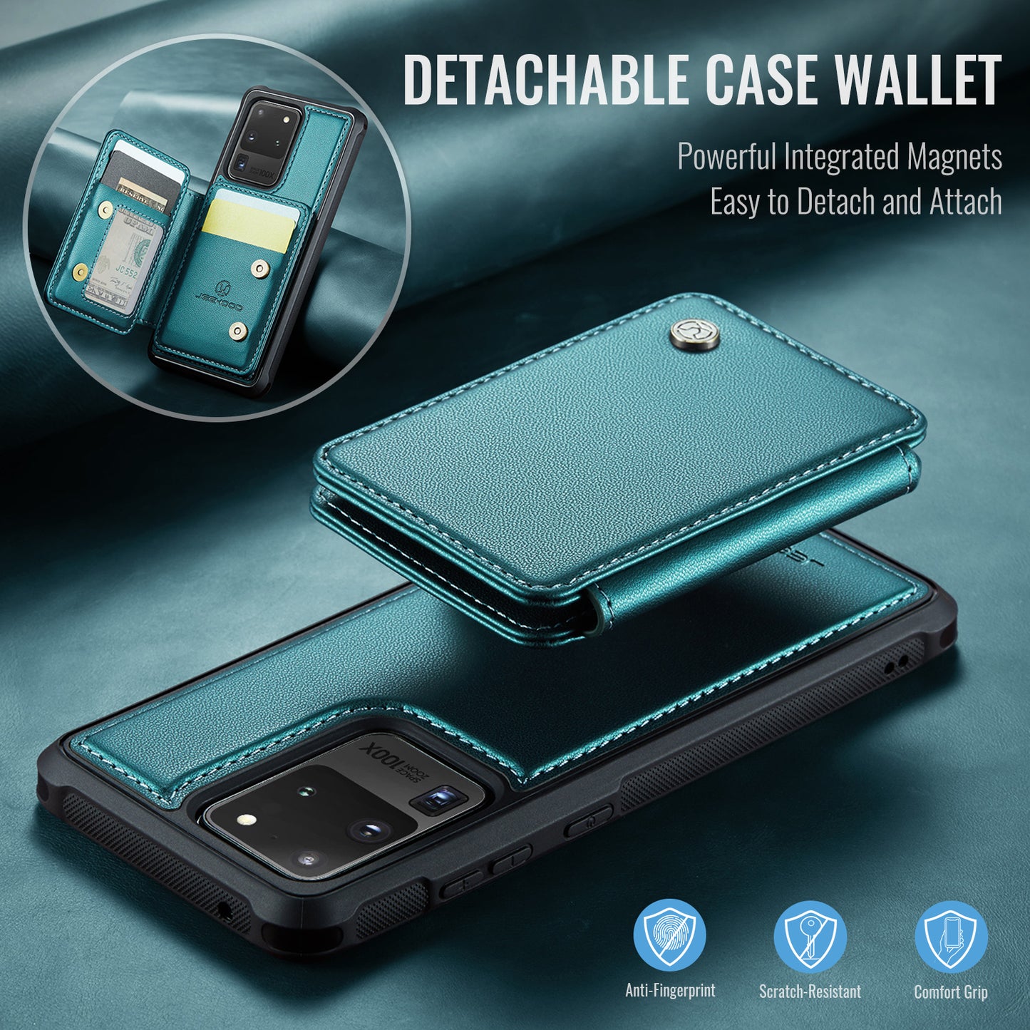 JEEHOOD J05 For Samsung Galaxy S20 Ultra Magnetic Case with Card Bag PU+TPU Kickstand Phone Cover - Cyan