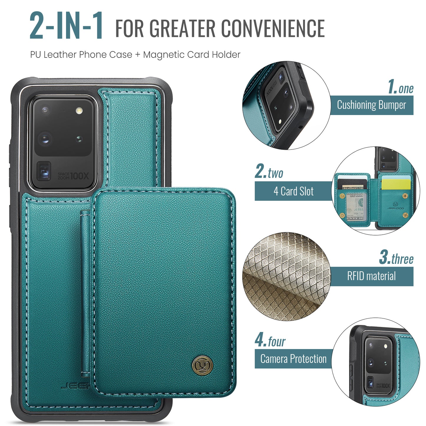 JEEHOOD J05 For Samsung Galaxy S20 Ultra Magnetic Case with Card Bag PU+TPU Kickstand Phone Cover - Cyan