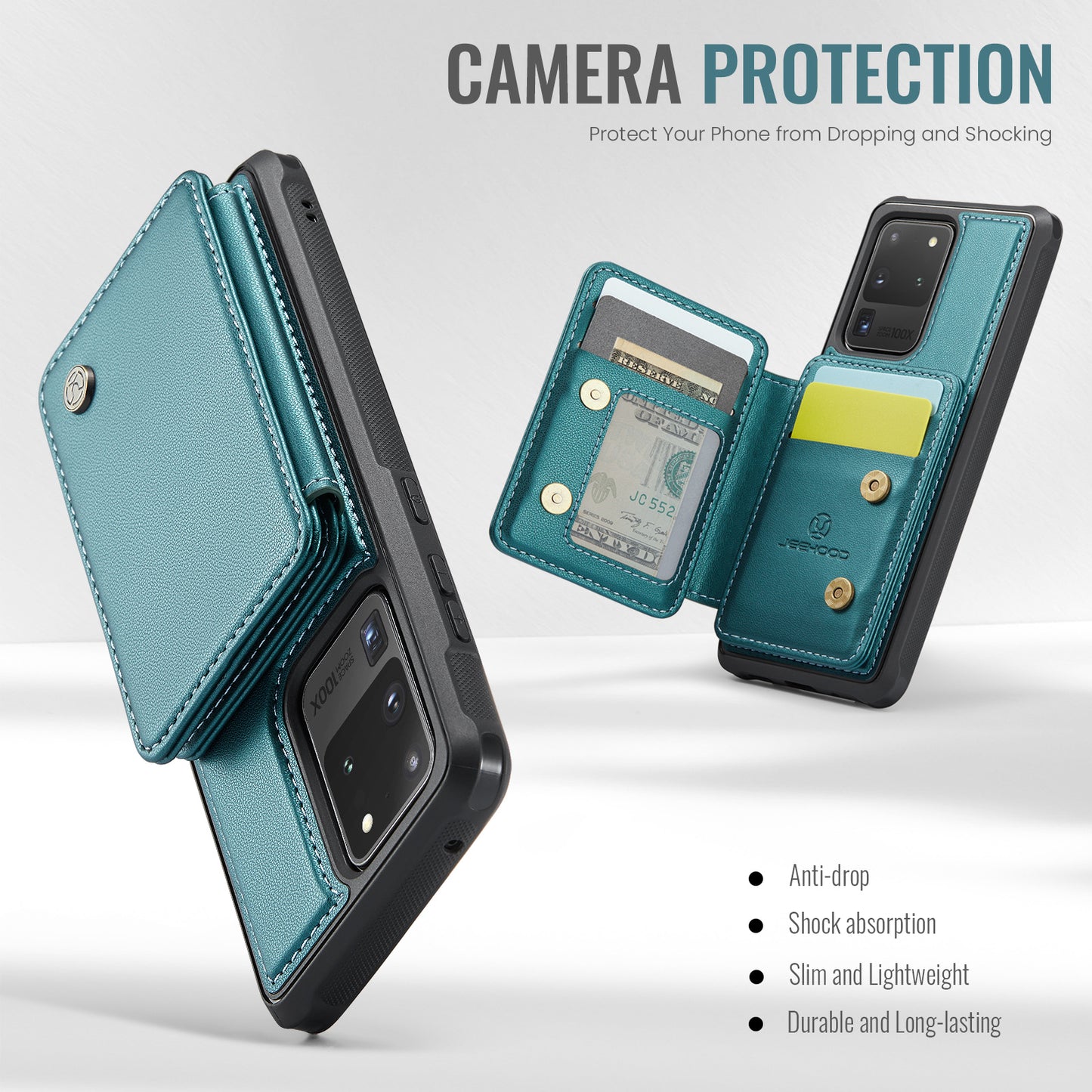 JEEHOOD J05 For Samsung Galaxy S20 Ultra Magnetic Case with Card Bag PU+TPU Kickstand Phone Cover - Cyan
