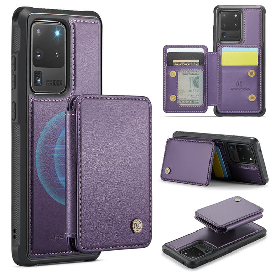 JEEHOOD J05 For Samsung Galaxy S20 Ultra Magnetic Case with Card Bag PU+TPU Kickstand Phone Cover - Purple