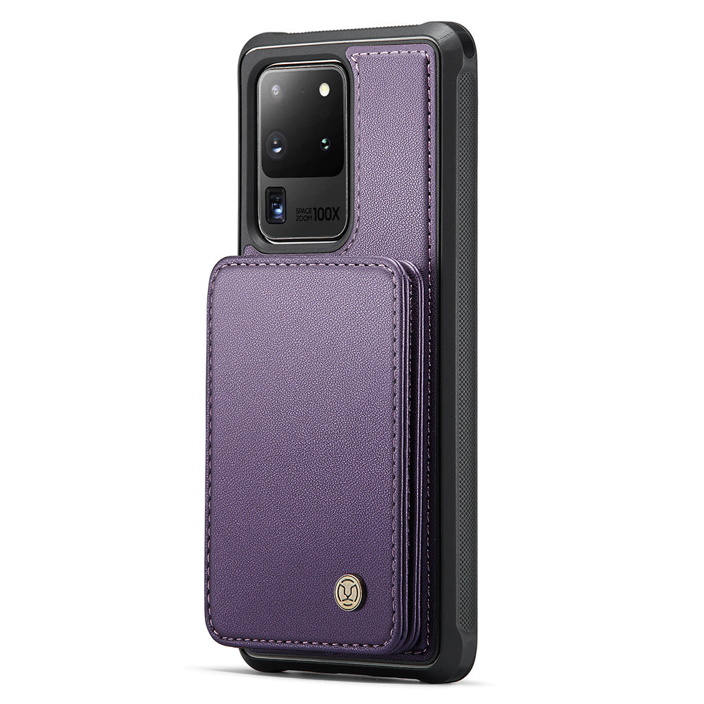 JEEHOOD J05 For Samsung Galaxy S20 Ultra Magnetic Case with Card Bag PU+TPU Kickstand Phone Cover - Purple
