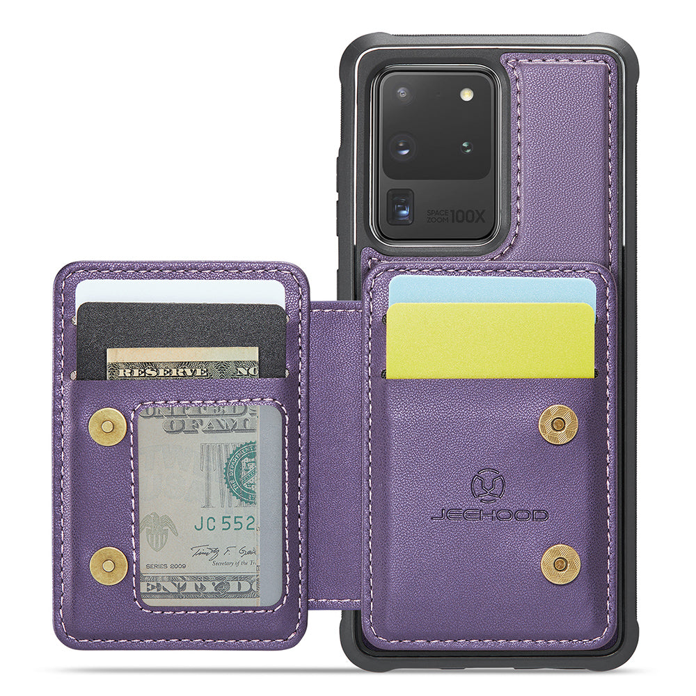 JEEHOOD J05 For Samsung Galaxy S20 Ultra Magnetic Case with Card Bag PU+TPU Kickstand Phone Cover - Purple