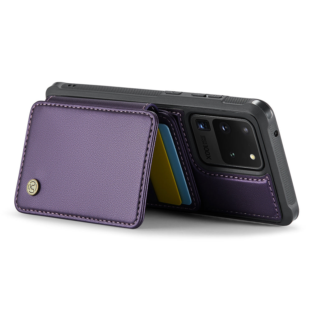 JEEHOOD J05 For Samsung Galaxy S20 Ultra Magnetic Case with Card Bag PU+TPU Kickstand Phone Cover - Purple