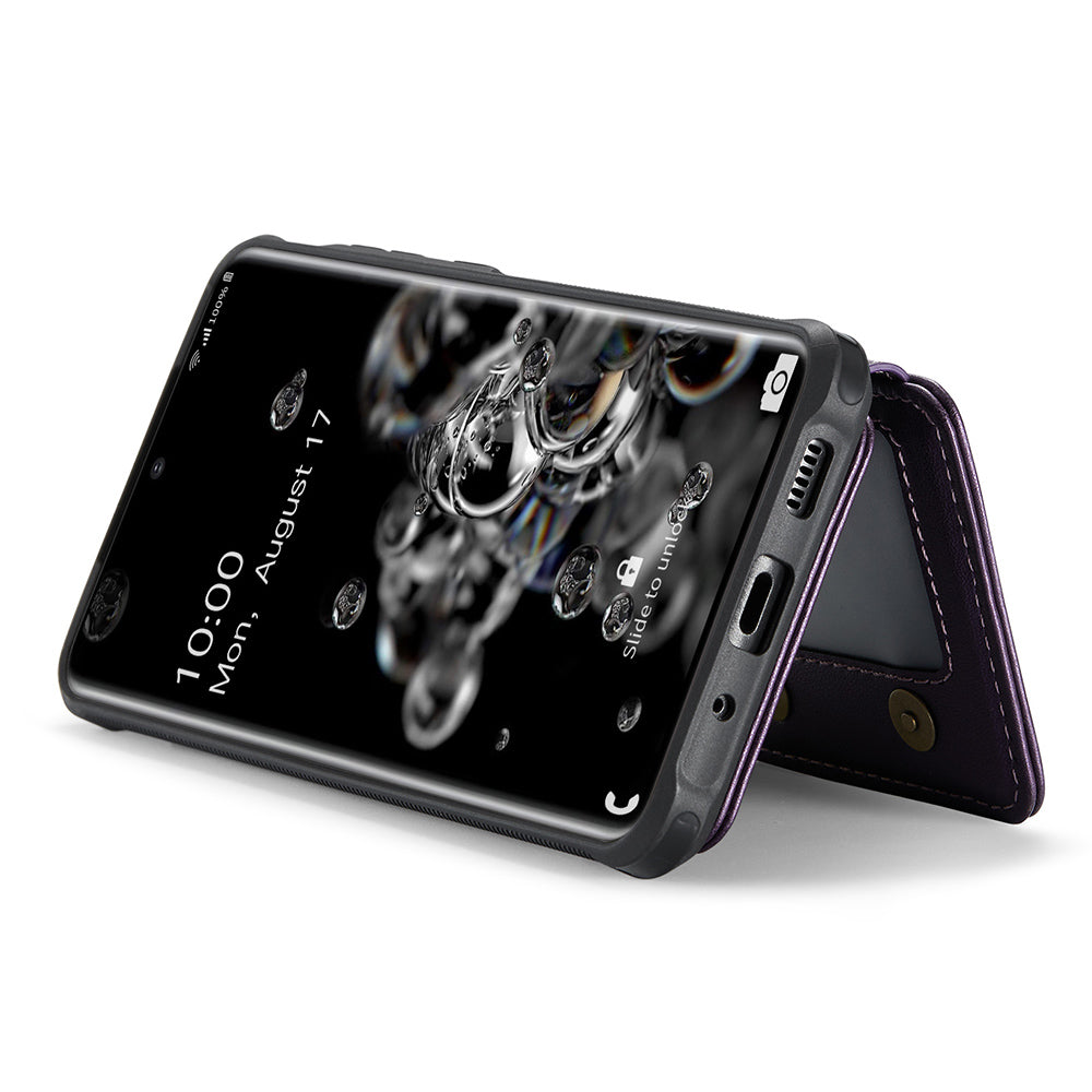 JEEHOOD J05 For Samsung Galaxy S20 Ultra Magnetic Case with Card Bag PU+TPU Kickstand Phone Cover - Purple
