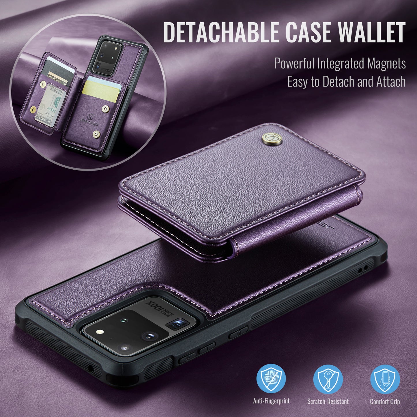 JEEHOOD J05 For Samsung Galaxy S20 Ultra Magnetic Case with Card Bag PU+TPU Kickstand Phone Cover - Purple