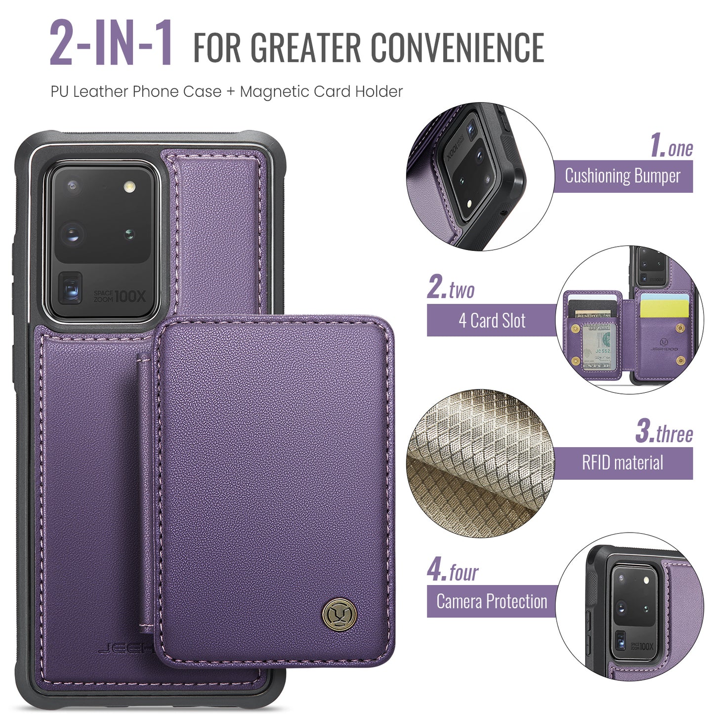 JEEHOOD J05 For Samsung Galaxy S20 Ultra Magnetic Case with Card Bag PU+TPU Kickstand Phone Cover - Purple