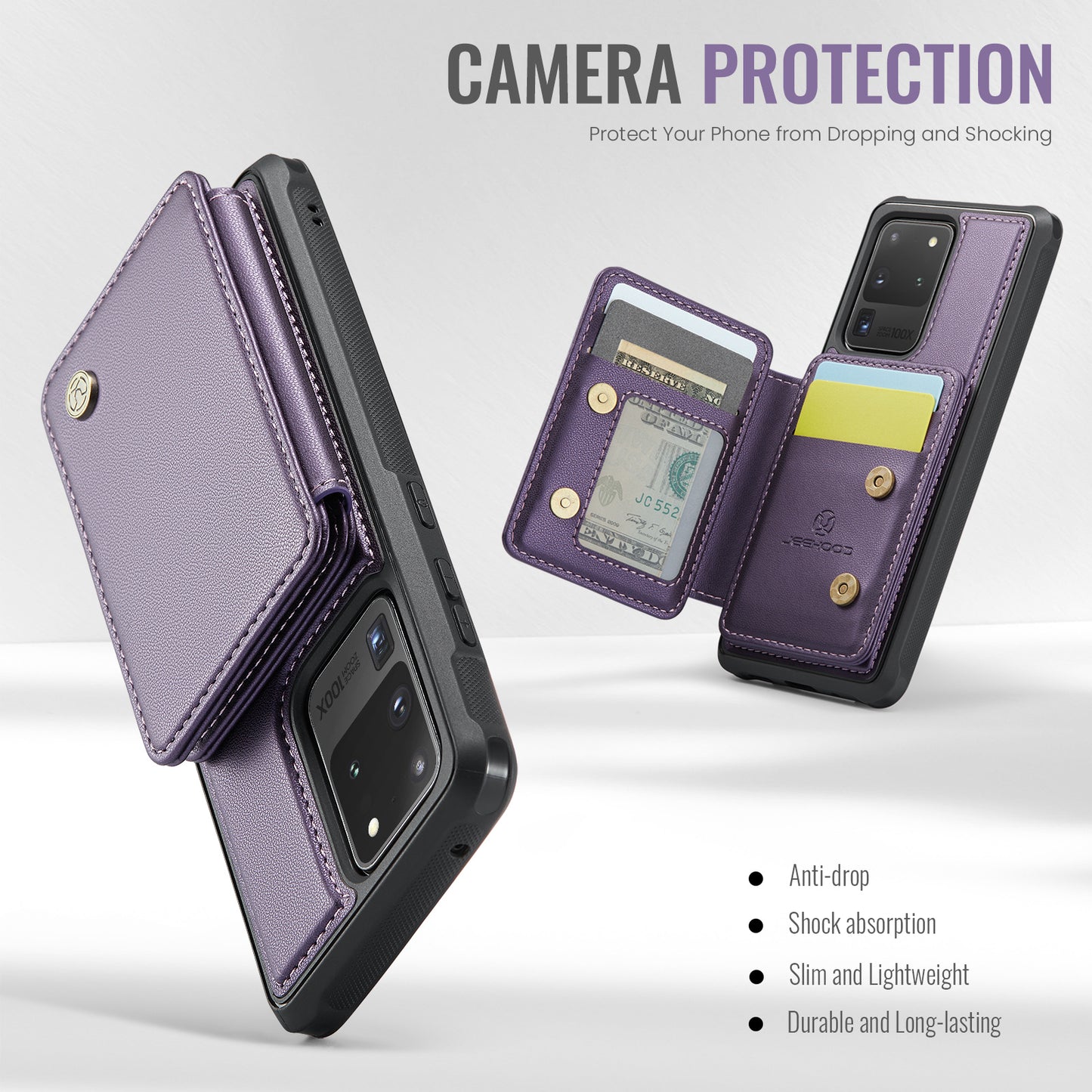JEEHOOD J05 For Samsung Galaxy S20 Ultra Magnetic Case with Card Bag PU+TPU Kickstand Phone Cover - Purple