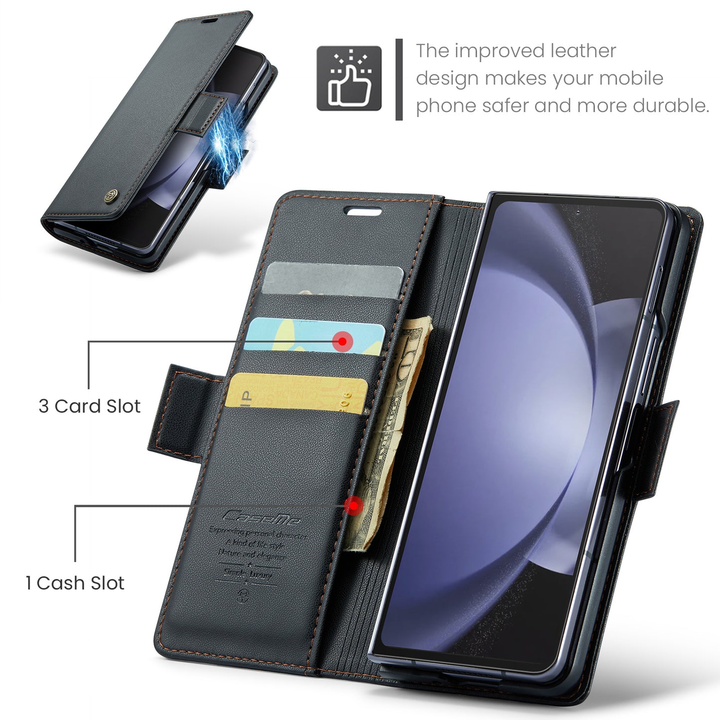 CASEME 023 Series For Samsung Galaxy Z Fold6 5G Case RFID Blocking Wallet Stand Phone Cover - Black