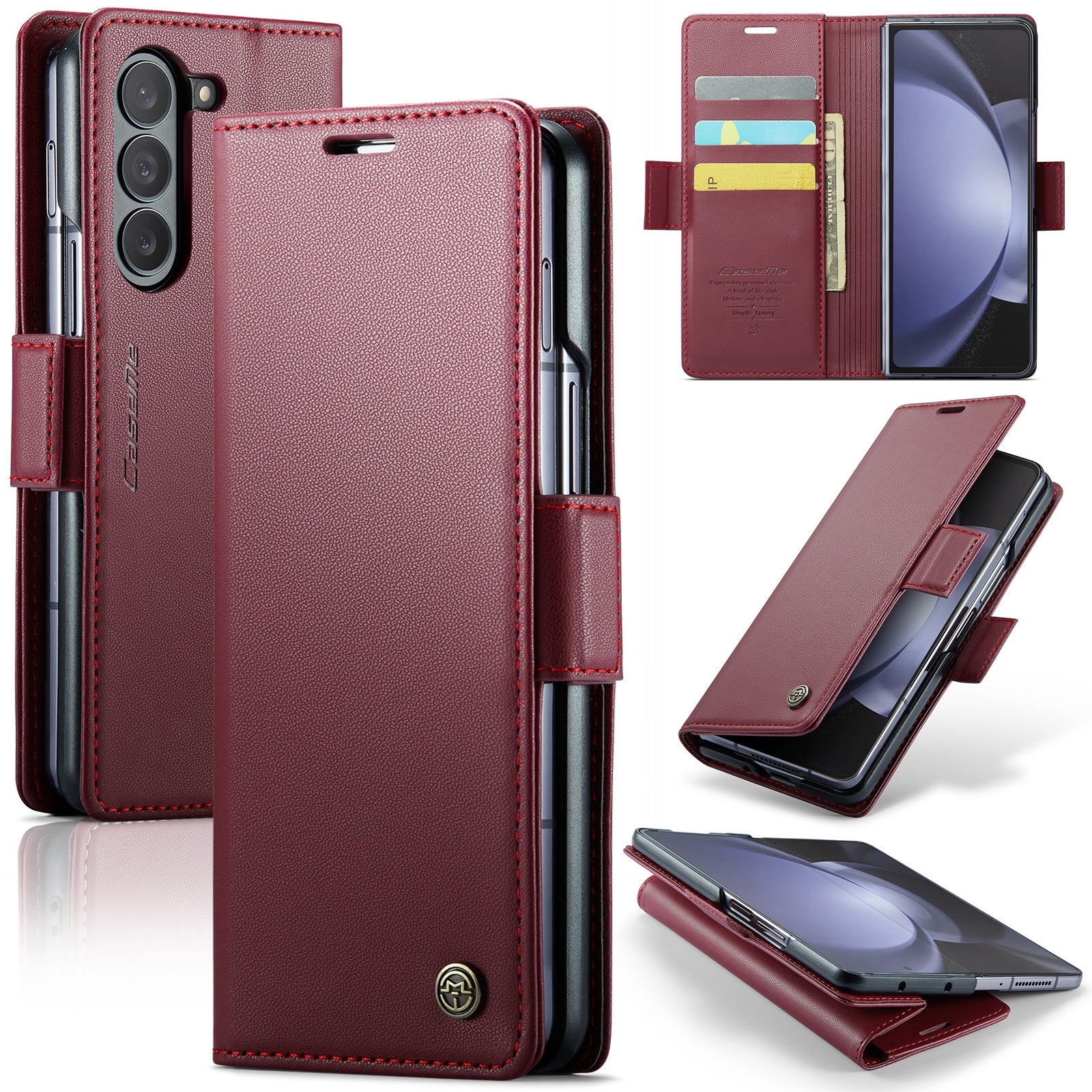 CASEME 023 Series For Samsung Galaxy Z Fold6 5G Case RFID Blocking Wallet Stand Phone Cover - Wine Red