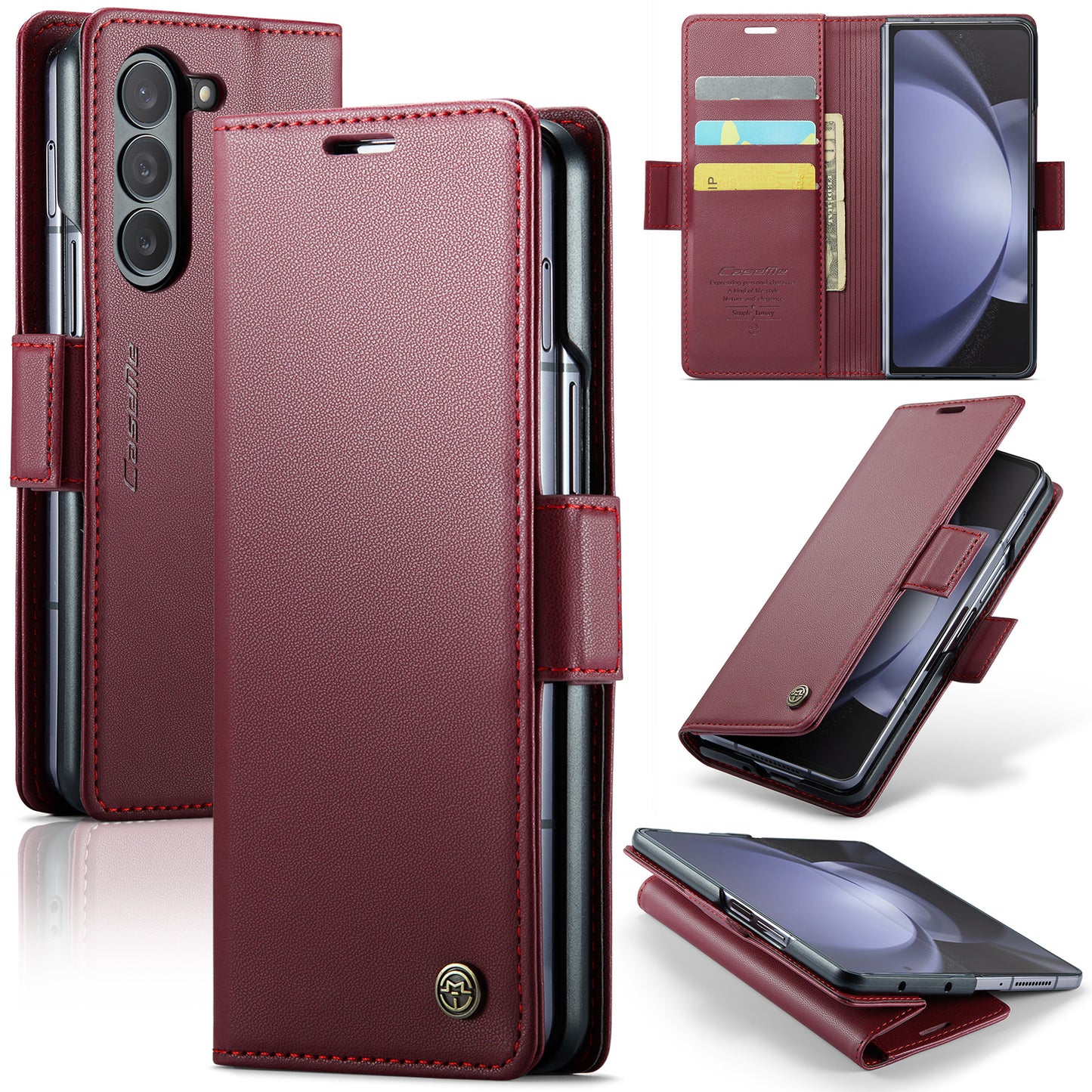 CASEME 023 Series For Samsung Galaxy Z Fold6 5G Case RFID Blocking Wallet Stand Phone Cover - Wine Red