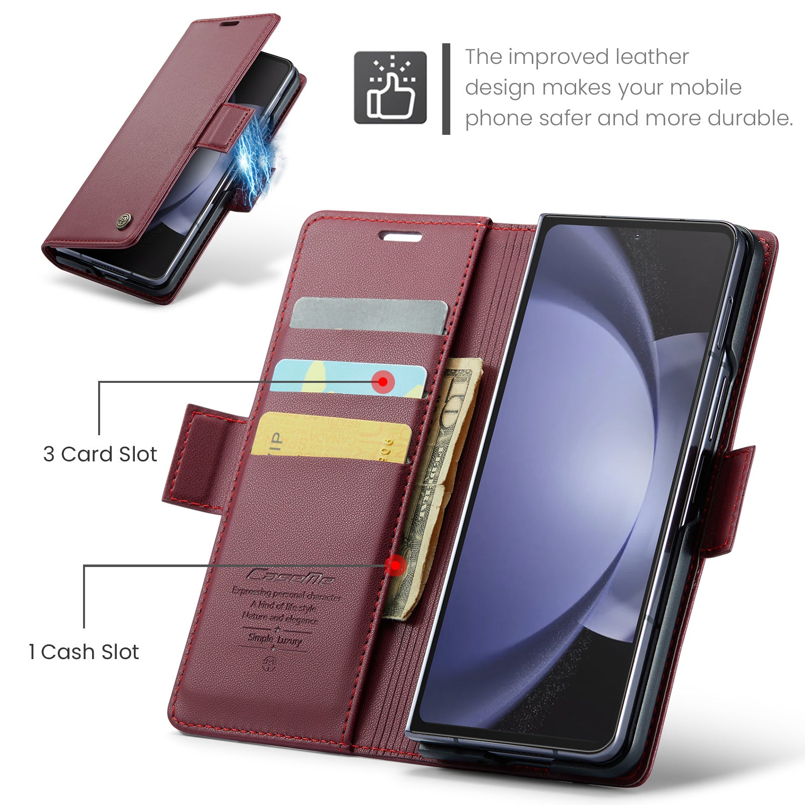 CASEME 023 Series For Samsung Galaxy Z Fold6 5G Case RFID Blocking Wallet Stand Phone Cover - Wine Red