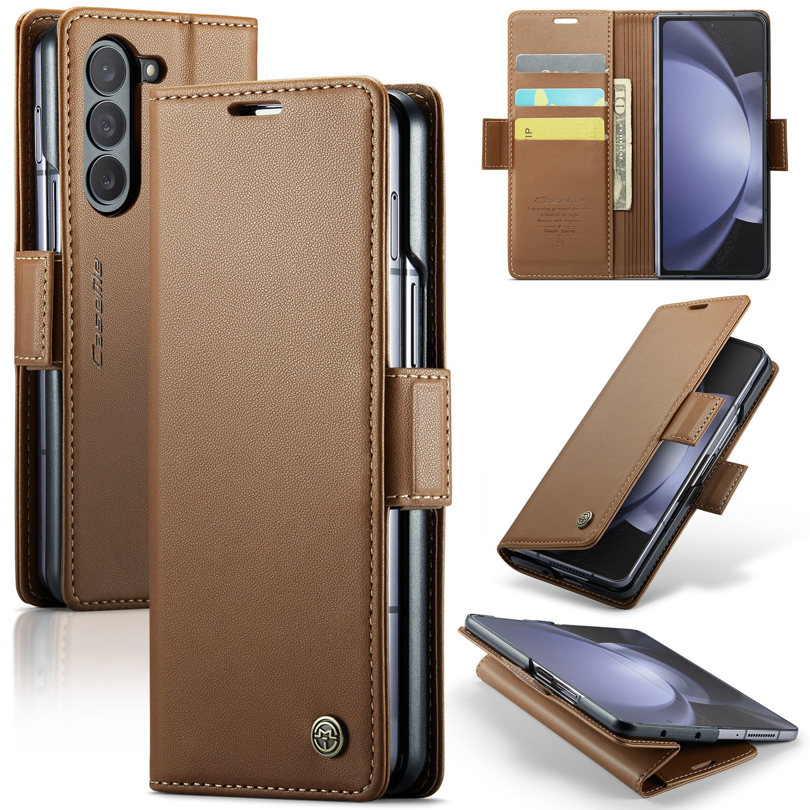 CASEME 023 Series For Samsung Galaxy Z Fold6 5G Case RFID Blocking Wallet Stand Phone Cover - Brown