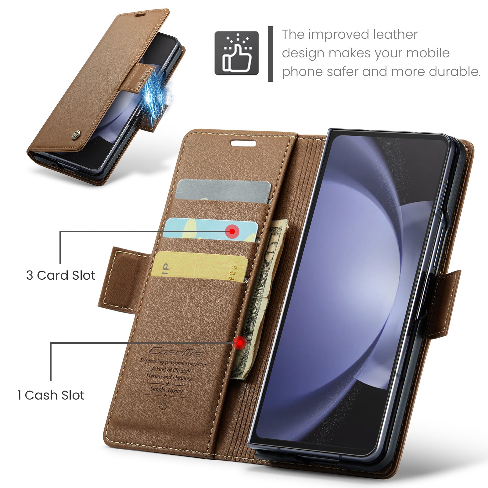CASEME 023 Series For Samsung Galaxy Z Fold6 5G Case RFID Blocking Wallet Stand Phone Cover - Brown
