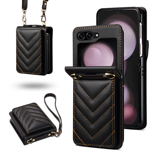 For Samsung Galaxy Z Flip6 5G Case PU Leather+PC Crossbody Phone Cover with Card Holder - Black