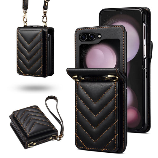 For Samsung Galaxy Z Flip7 FE 5G / Z Flip6 5G Case PU Leather+PC Crossbody Phone Cover with Card Holder - Black