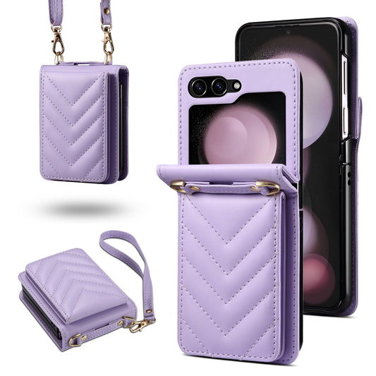 For Samsung Galaxy Z Flip6 5G Case PU Leather+PC Crossbody Phone Cover with Card Holder - Purple