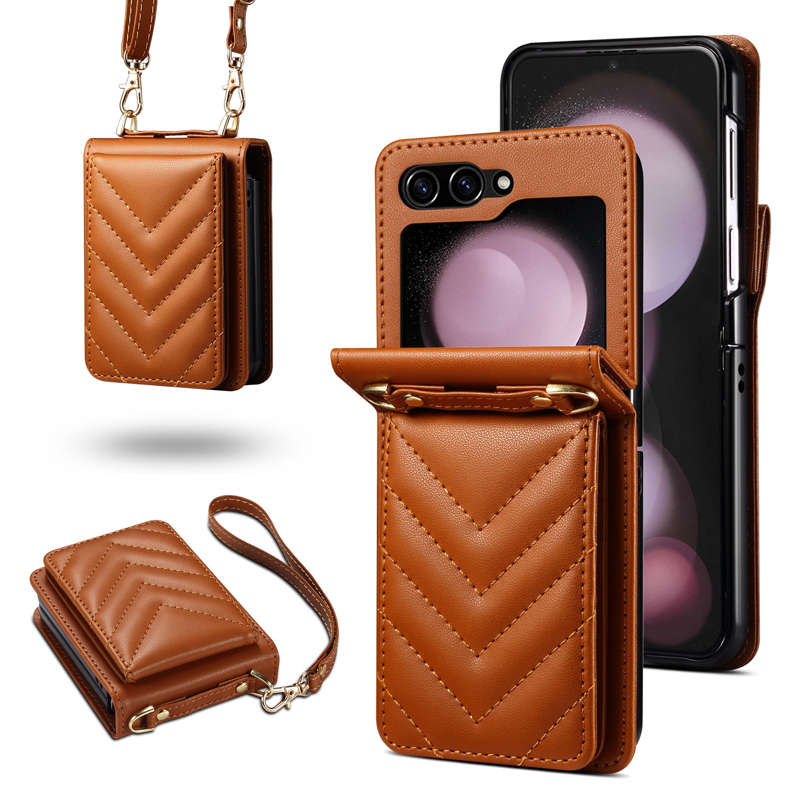 For Samsung Galaxy Z Flip6 5G Case PU Leather+PC Crossbody Phone Cover with Card Holder - Brown