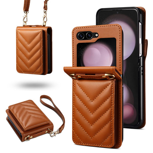 For Samsung Galaxy Z Flip7 FE 5G / Z Flip6 5G Case PU Leather+PC Crossbody Phone Cover with Card Holder - Brown