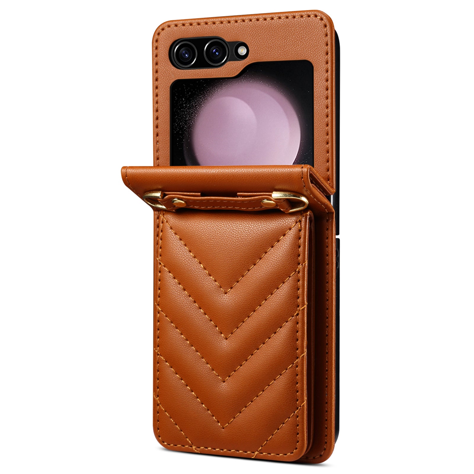 For Samsung Galaxy Z Flip6 5G Case PU Leather+PC Crossbody Phone Cover with Card Holder - Brown