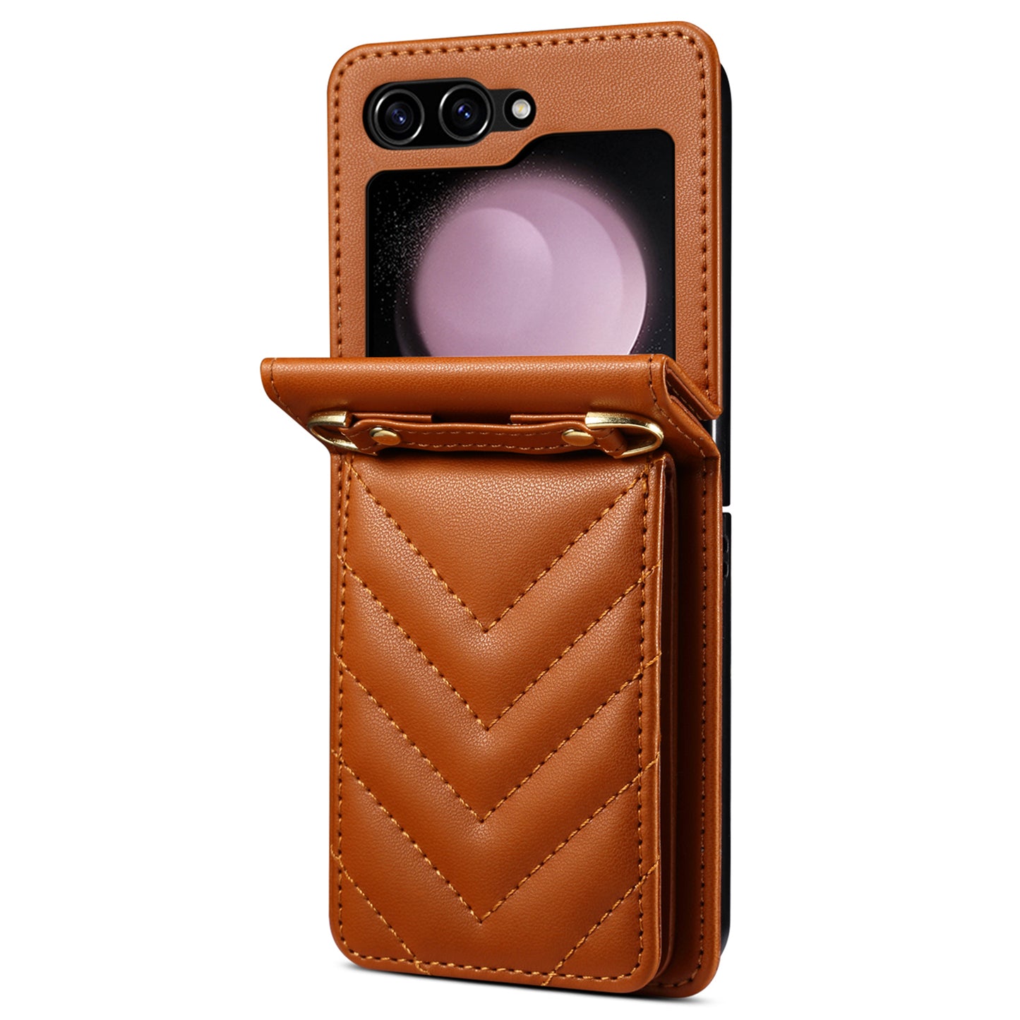For Samsung Galaxy Z Flip6 5G Case PU Leather+PC Crossbody Phone Cover with Card Holder - Brown
