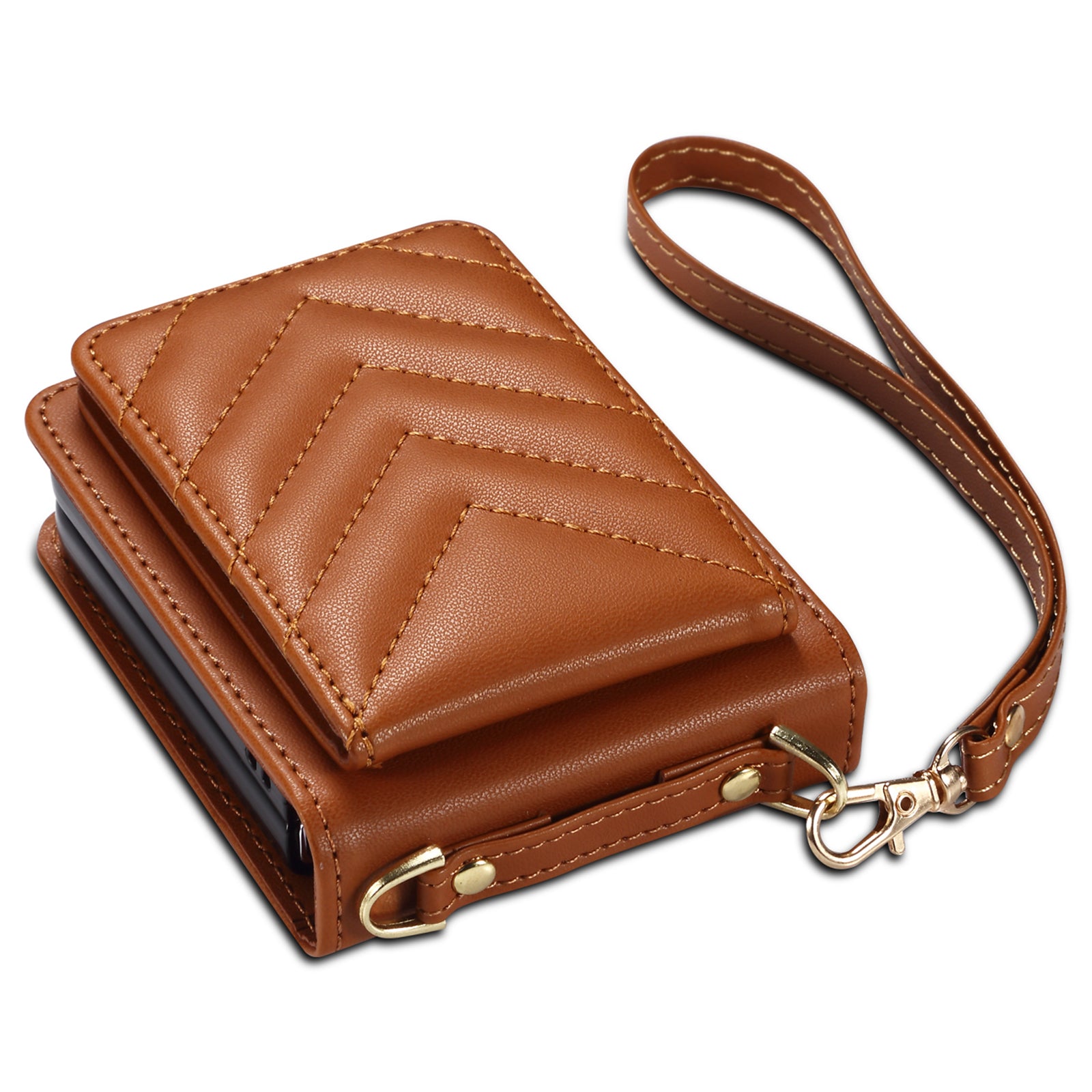 For Samsung Galaxy Z Flip6 5G Case PU Leather+PC Crossbody Phone Cover with Card Holder - Brown