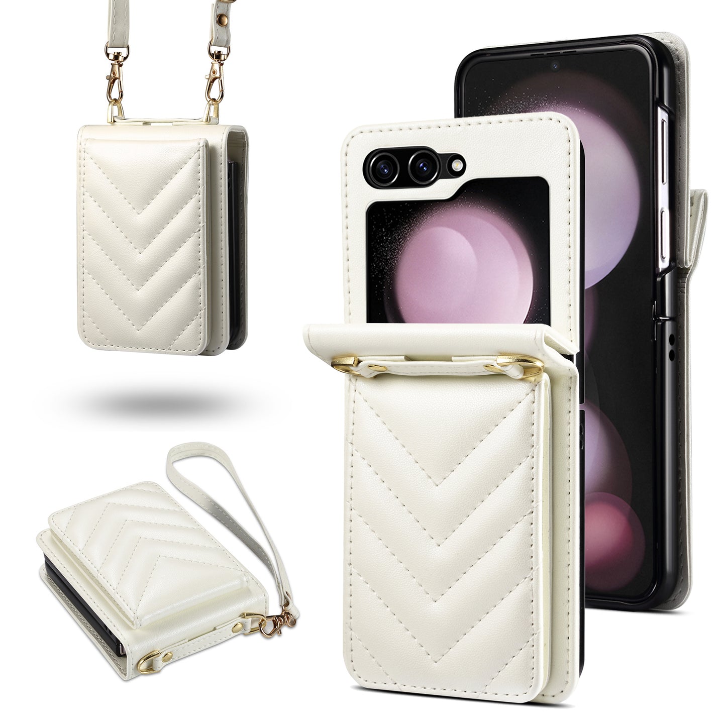 For Samsung Galaxy Z Flip6 5G Case PU Leather+PC Crossbody Phone Cover with Card Holder - White