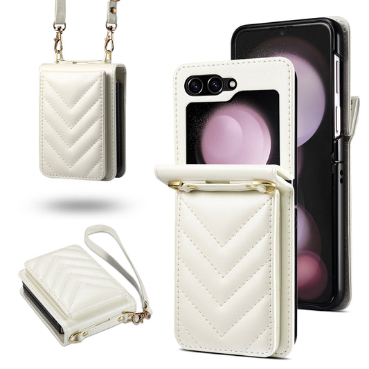 For Samsung Galaxy Z Flip6 5G Case PU Leather+PC Crossbody Phone Cover with Card Holder - White