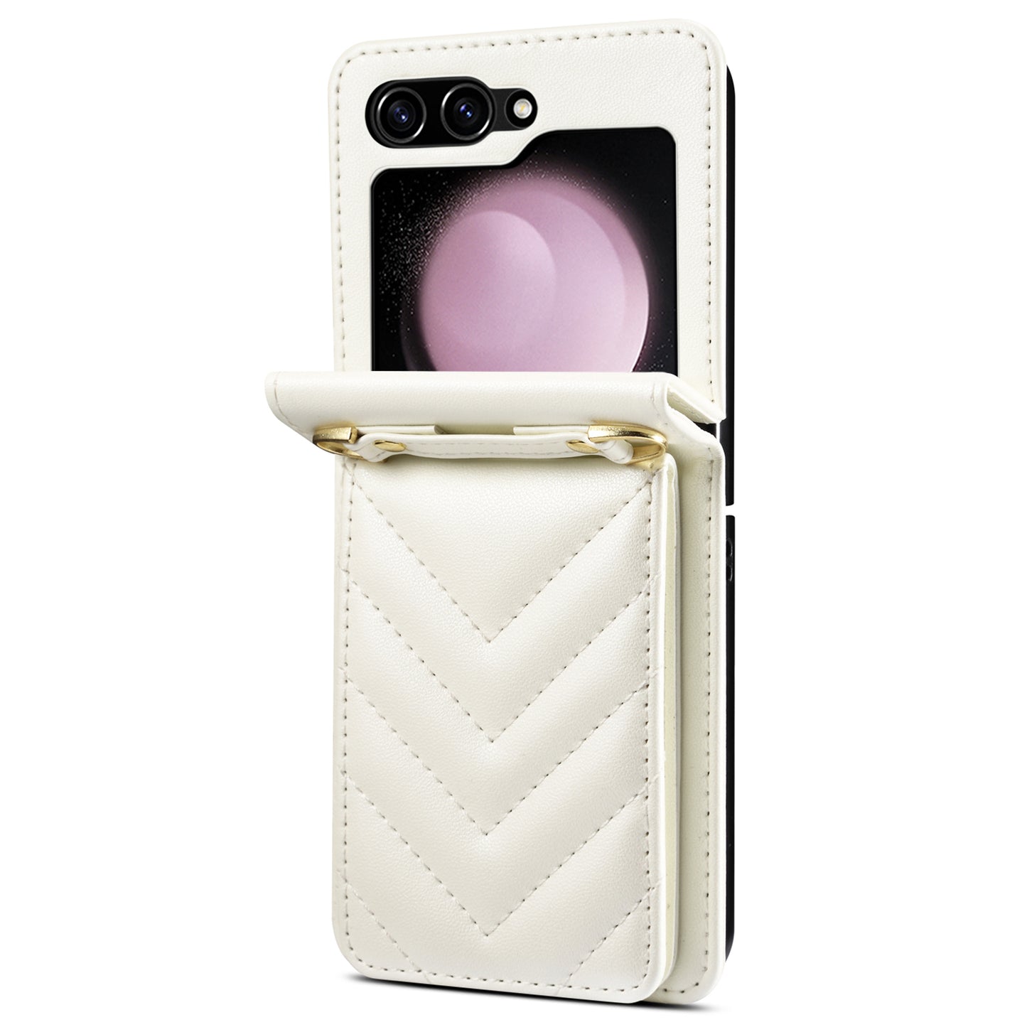 For Samsung Galaxy Z Flip6 5G Case PU Leather+PC Crossbody Phone Cover with Card Holder - White