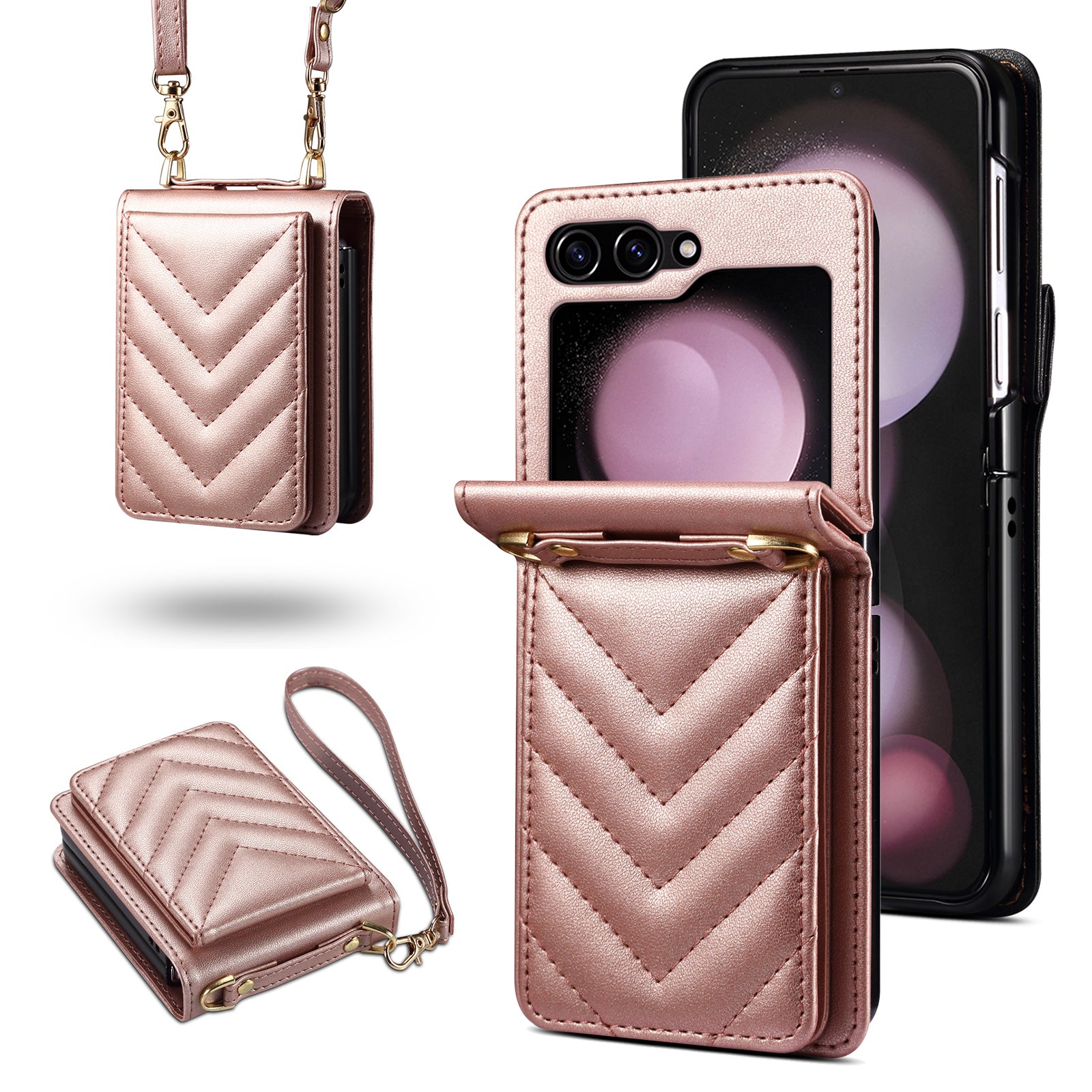 For Samsung Galaxy Z Flip6 5G Case PU Leather+PC Crossbody Phone Cover with Card Holder - Rose Gold