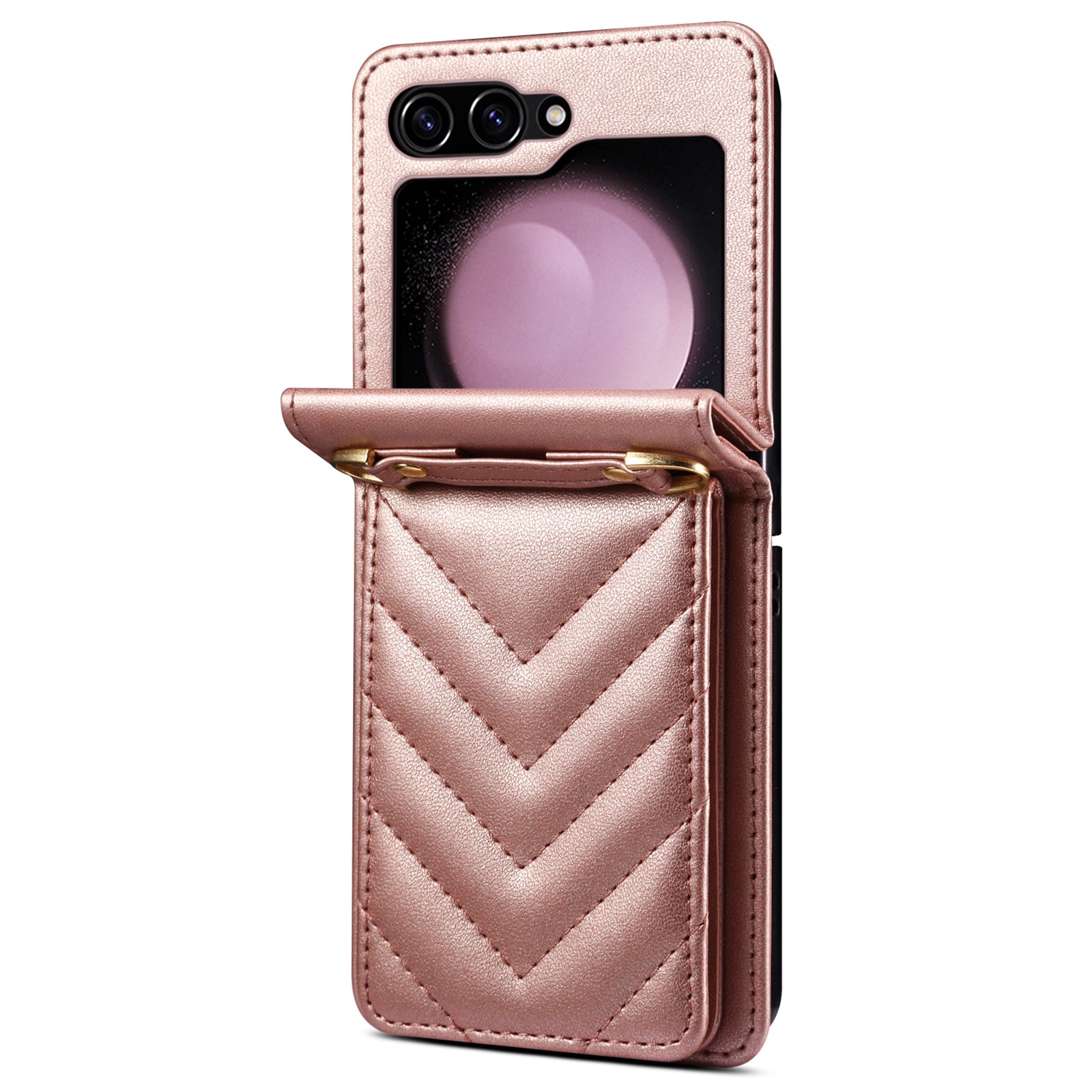 For Samsung Galaxy Z Flip6 5G Case PU Leather+PC Crossbody Phone Cover with Card Holder - Rose Gold