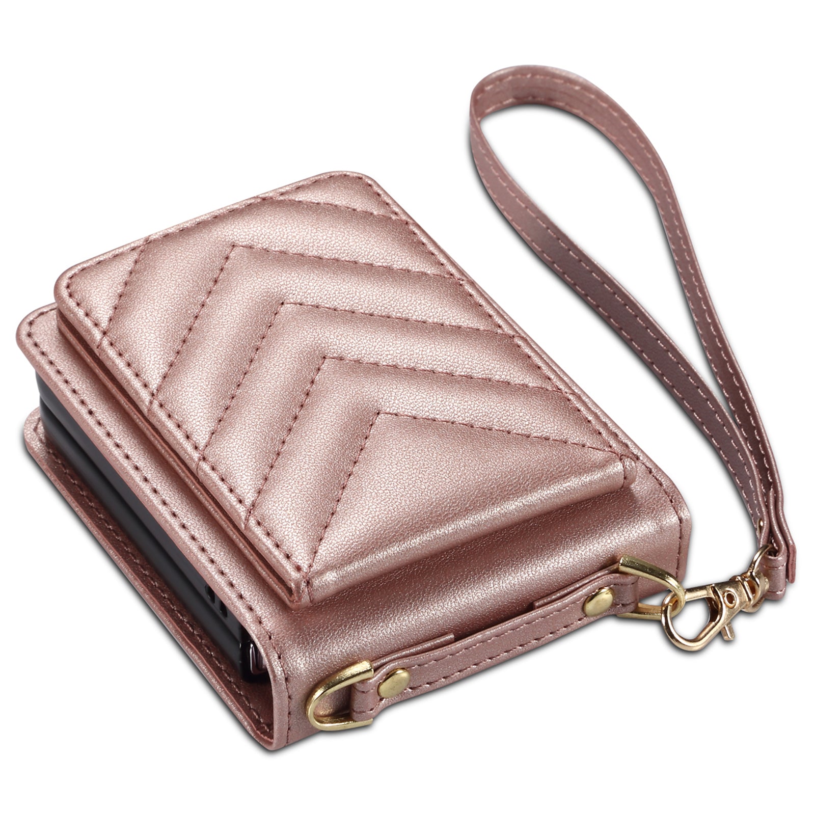For Samsung Galaxy Z Flip6 5G Case PU Leather+PC Crossbody Phone Cover with Card Holder - Rose Gold