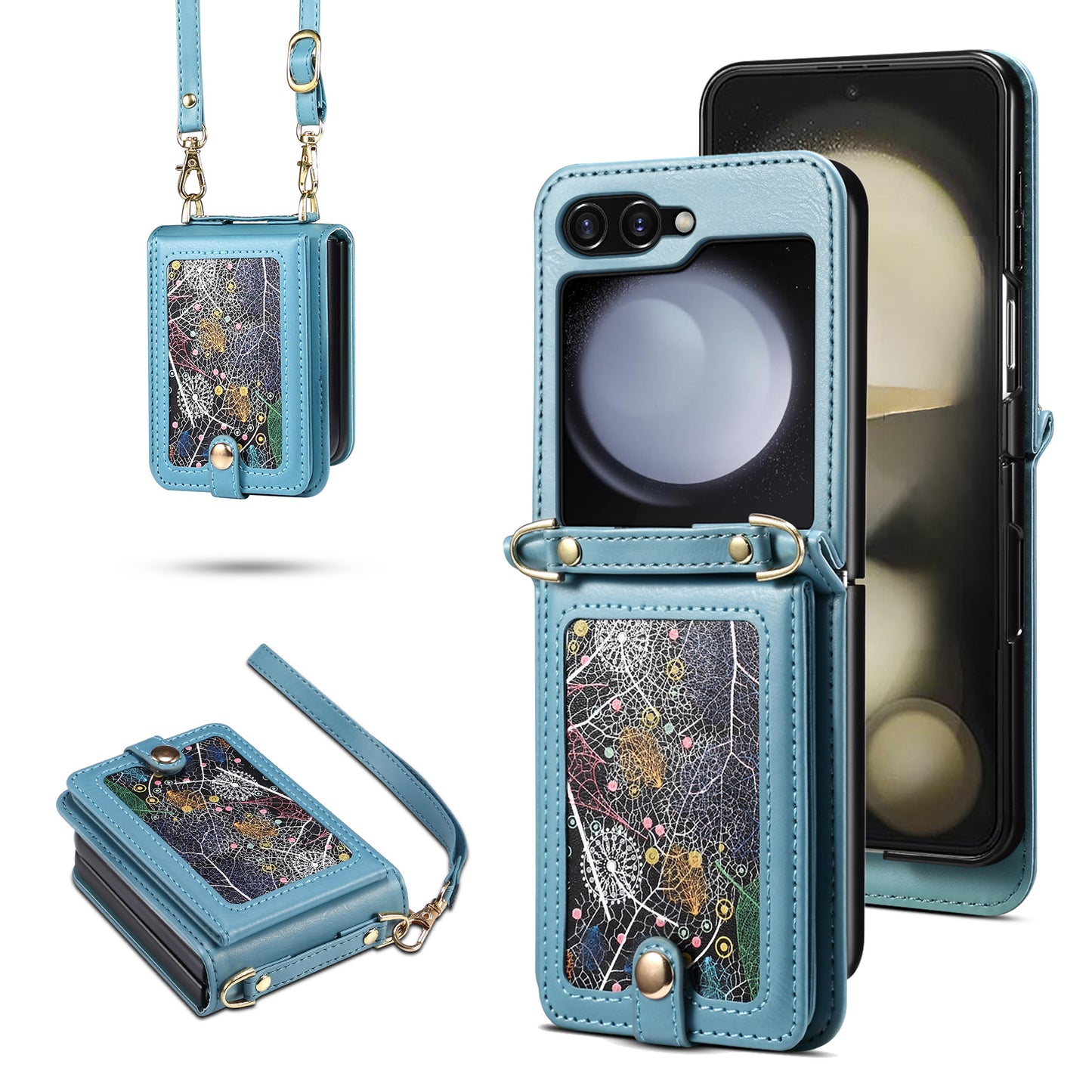 For Samsung Galaxy Z Flip6 5G Case Leather+PC Phone Cover with Card Holder Long Strap - Blue