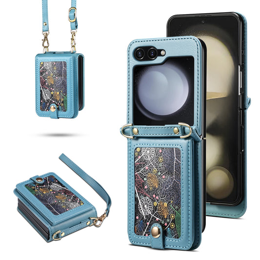 For Samsung Galaxy Z Flip6 5G Case Leather+PC Phone Cover with Card Holder Long Strap - Blue