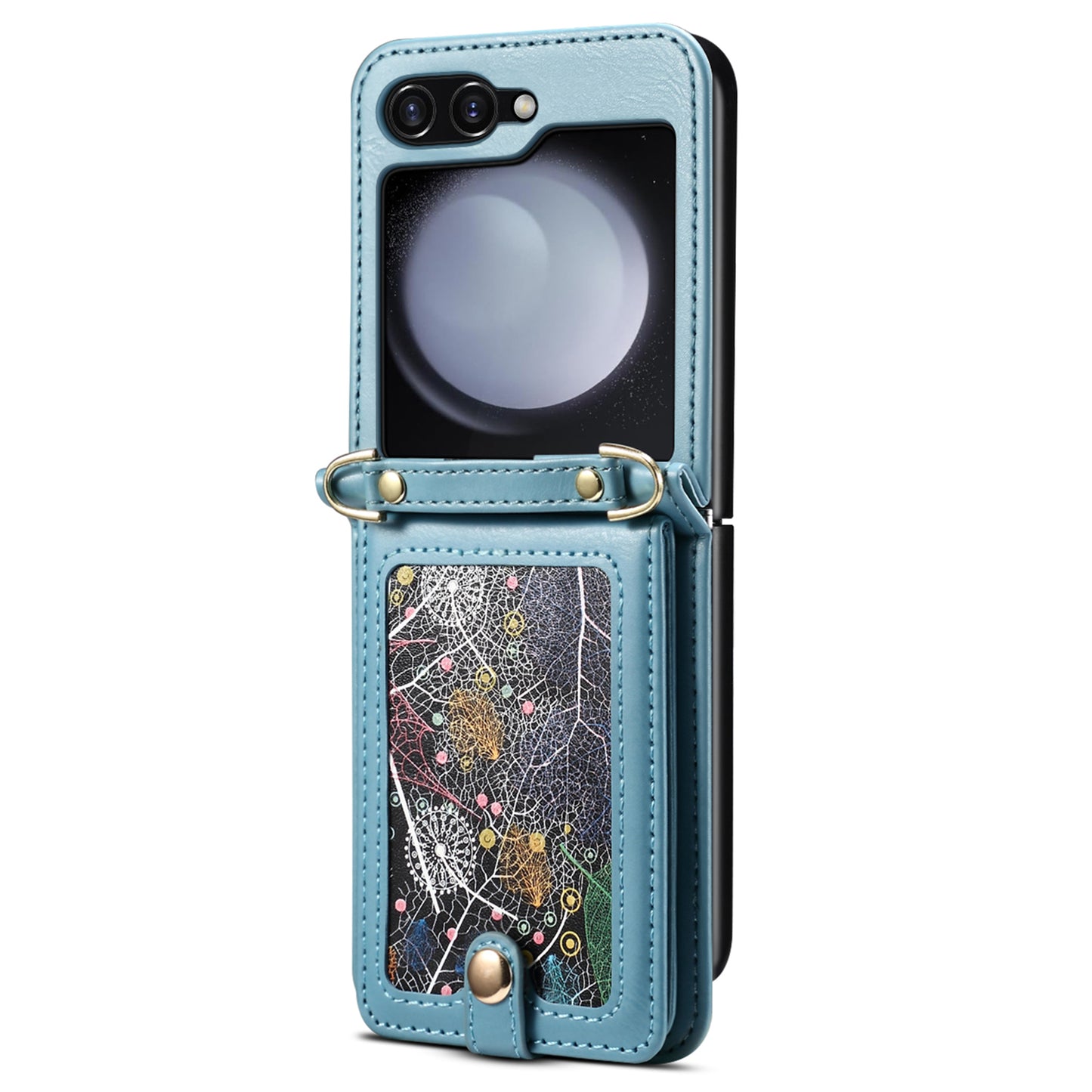 For Samsung Galaxy Z Flip6 5G Case Leather+PC Phone Cover with Card Holder Long Strap - Blue