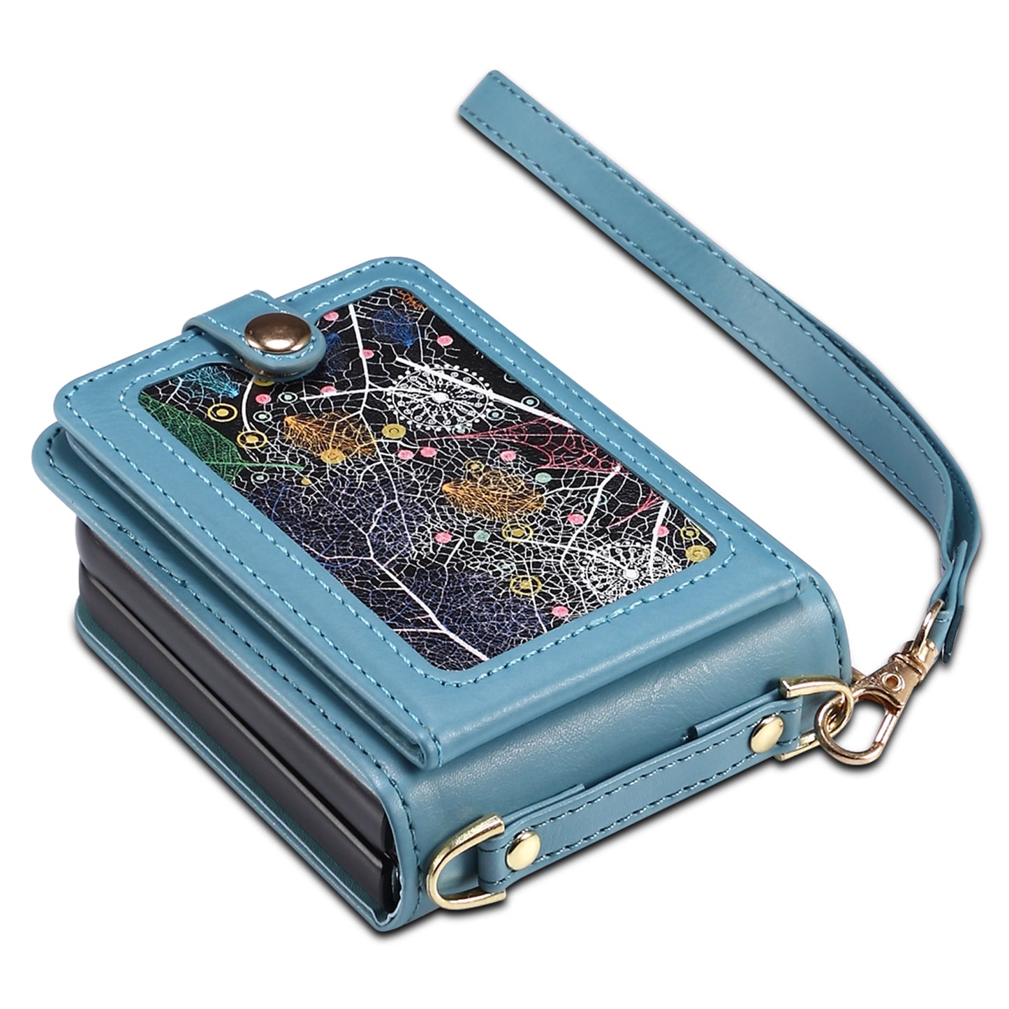 For Samsung Galaxy Z Flip6 5G Case Leather+PC Phone Cover with Card Holder Long Strap - Blue